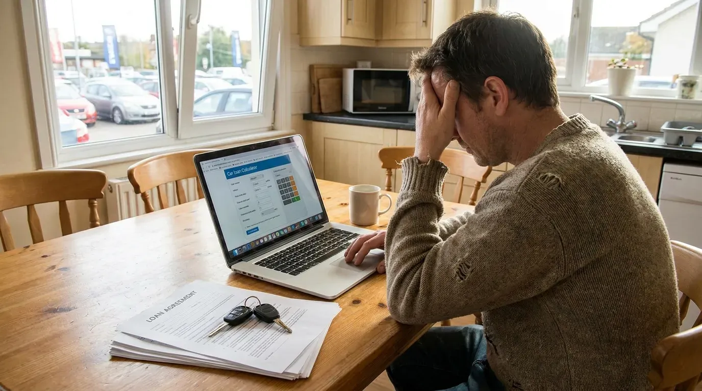 Car buyer calculating monthly payment on a laptop with vehicle in background
