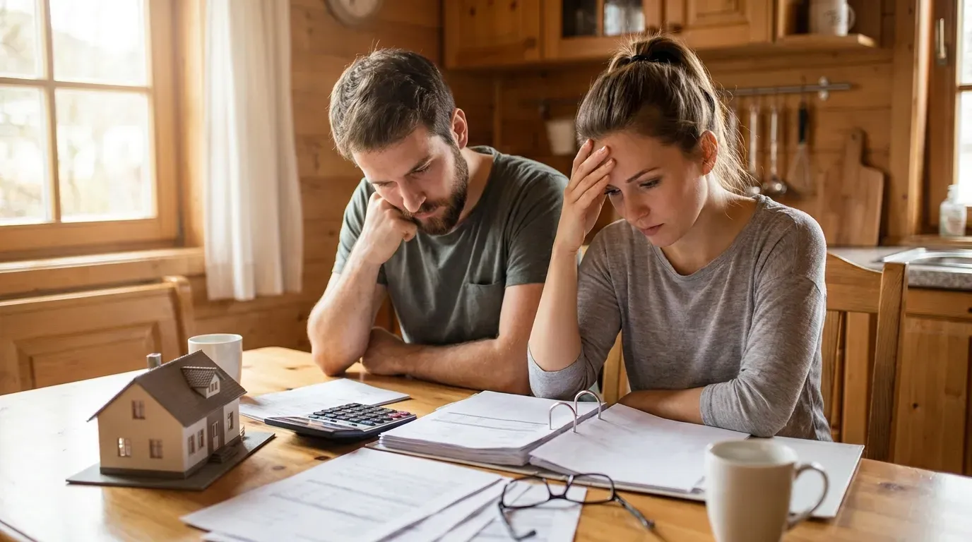 Couple sitting at a kitchen table reviewing home loan documents and using a laptop calculator