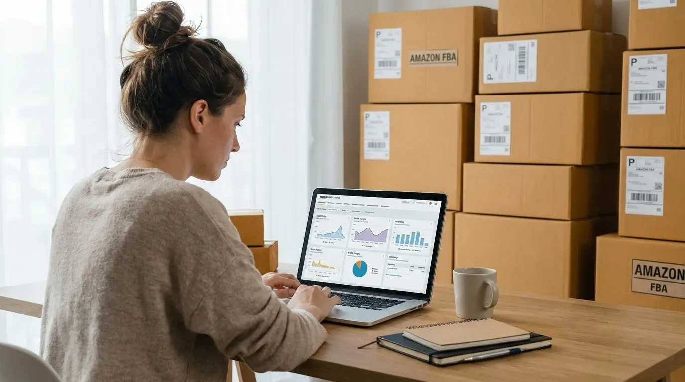 Ecommerce seller analyzing profit margins and product listings on a laptop