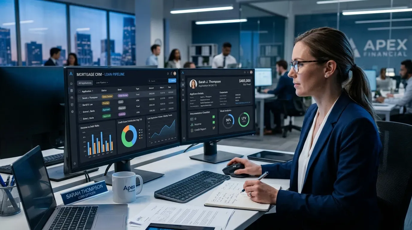 Mortgage broker reviewing loan pipeline on CRM dashboard with rate sheets