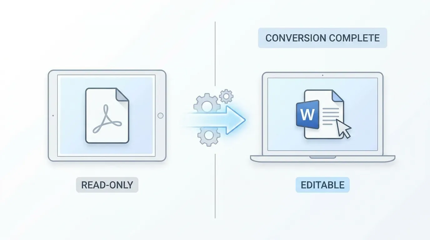 Animated PDF document transforming into a Word document with format preservation