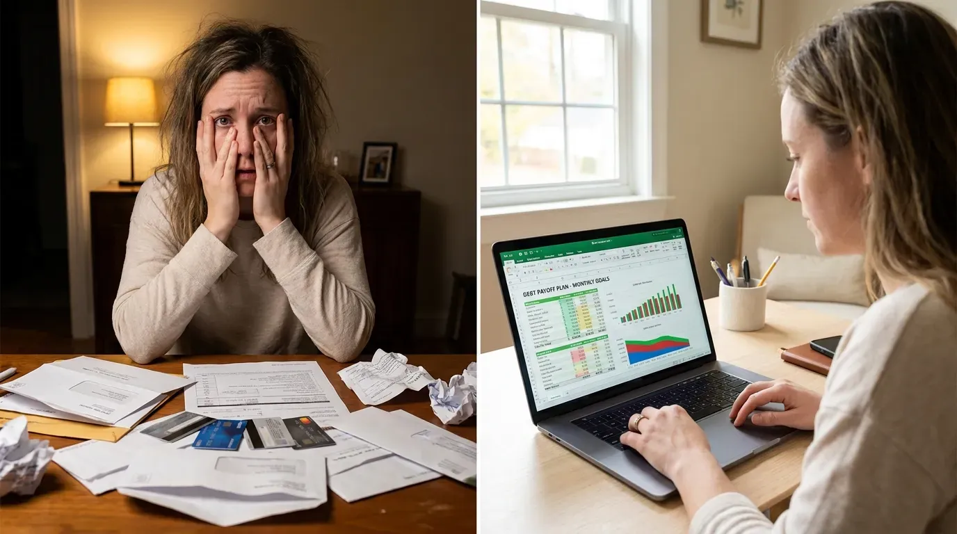 Person at a desk reviewing credit card statements and looking stressed about debt