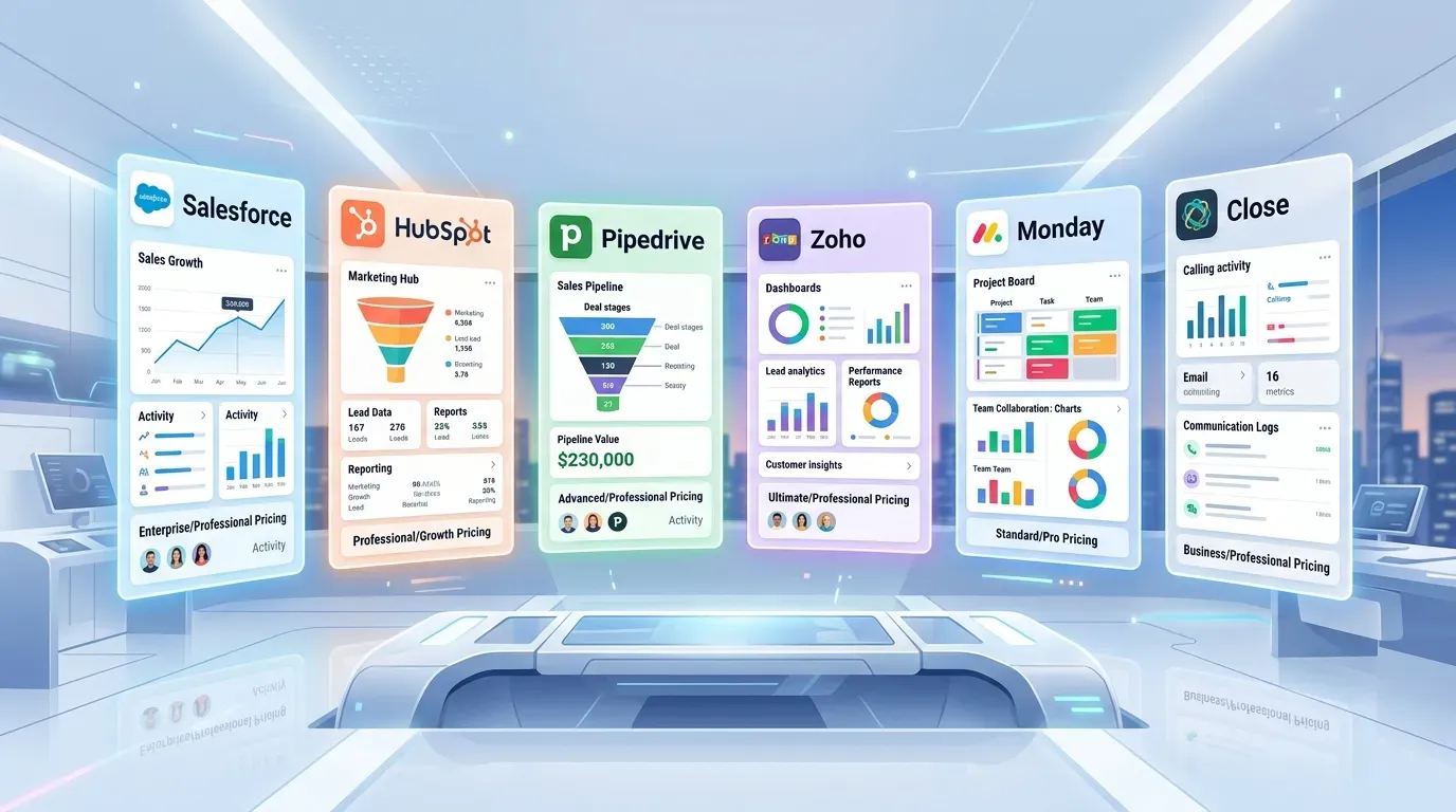 Comparison dashboard showing multiple CRM software interfaces side by side