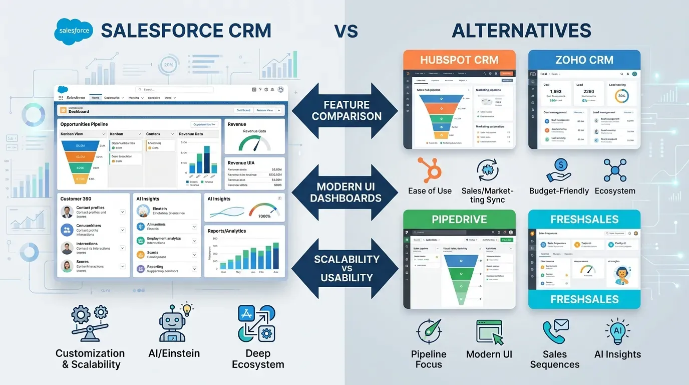 CRM logo comparison wall showing Salesforce alternatives like HubSpot, Pipedrive, Zoho, Dynamics 365