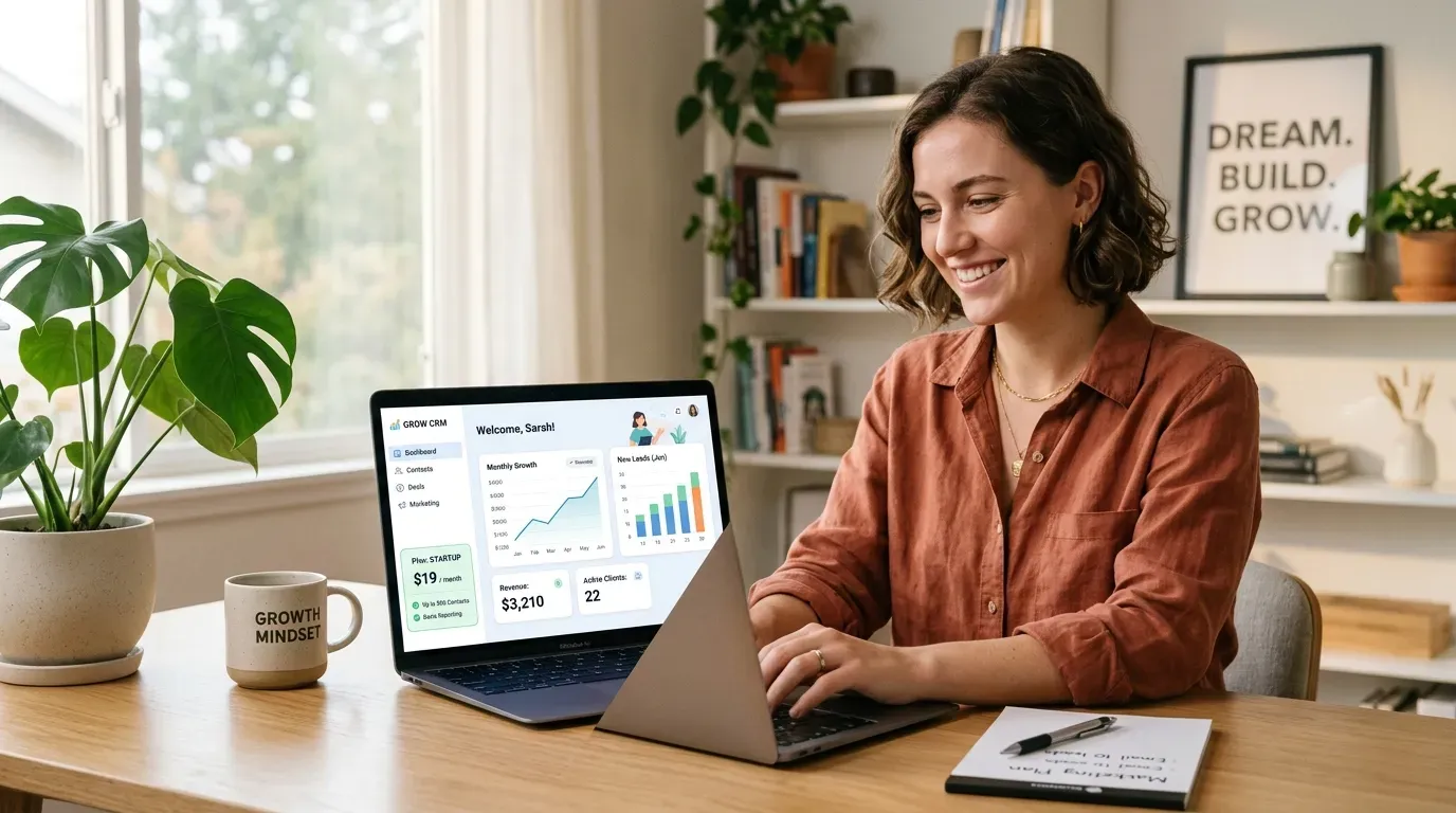 Small business owner reviewing customer pipeline on a CRM dashboard